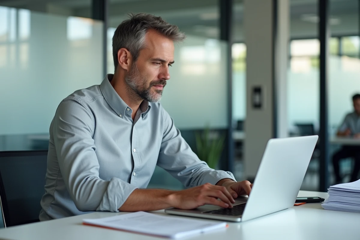 Homme en costume décontracté rédigeant une lettre de recours administrative sur ordinateur portable dans un bureau moderne