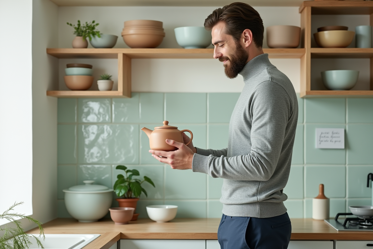 Homme avec turtleneck arrangeant vaisselle dans cuisine scandinave