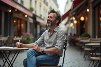 Homme français souriant dans un café parisien en extérieur