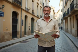 Homme d'âge moyen consultant un plan papier devant une impasse en ville, cherchant la rue des Lilas