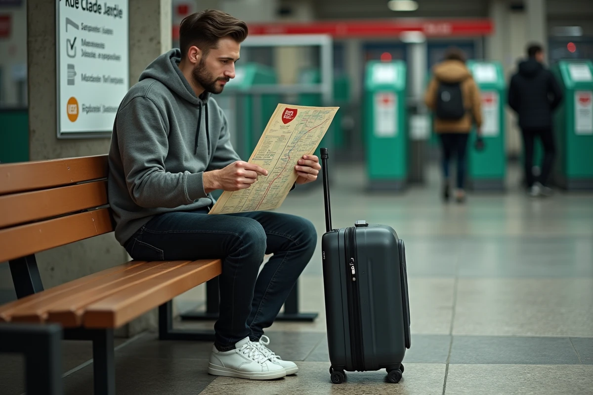 Homme nouvellement arrivé à Paris lisant un plan simplifié du RER avec une valise