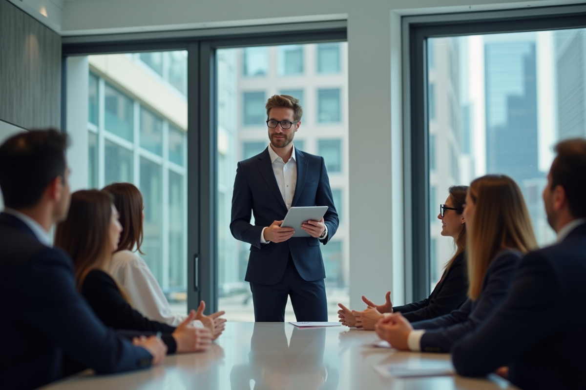 Jeune homme présentant offres dans showroom moderne