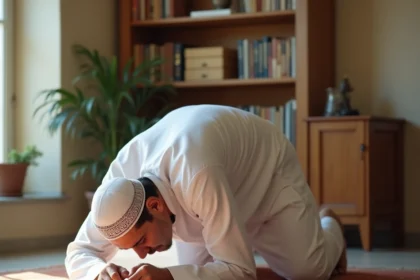 Homme en djellaba blanche faisant la prière sur un tapis de prière à motifs géométriques dans un salon à Montpellier