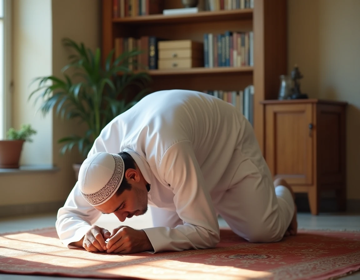 Homme en djellaba blanche faisant la prière sur un tapis de prière à motifs géométriques dans un salon à Montpellier