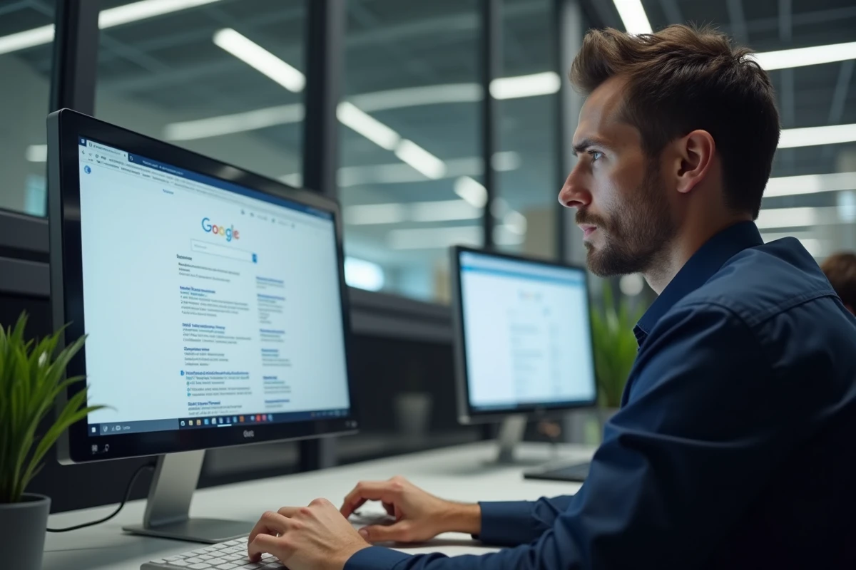Homme cherchant une alternative à Padraz sur un moteur de recherche depuis son bureau professionnel