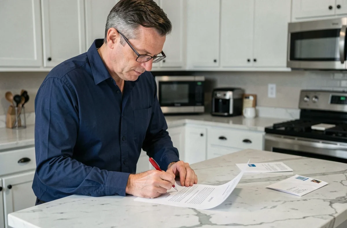 Homme relisant et corrigeant une lettre de résiliation dans sa cuisine