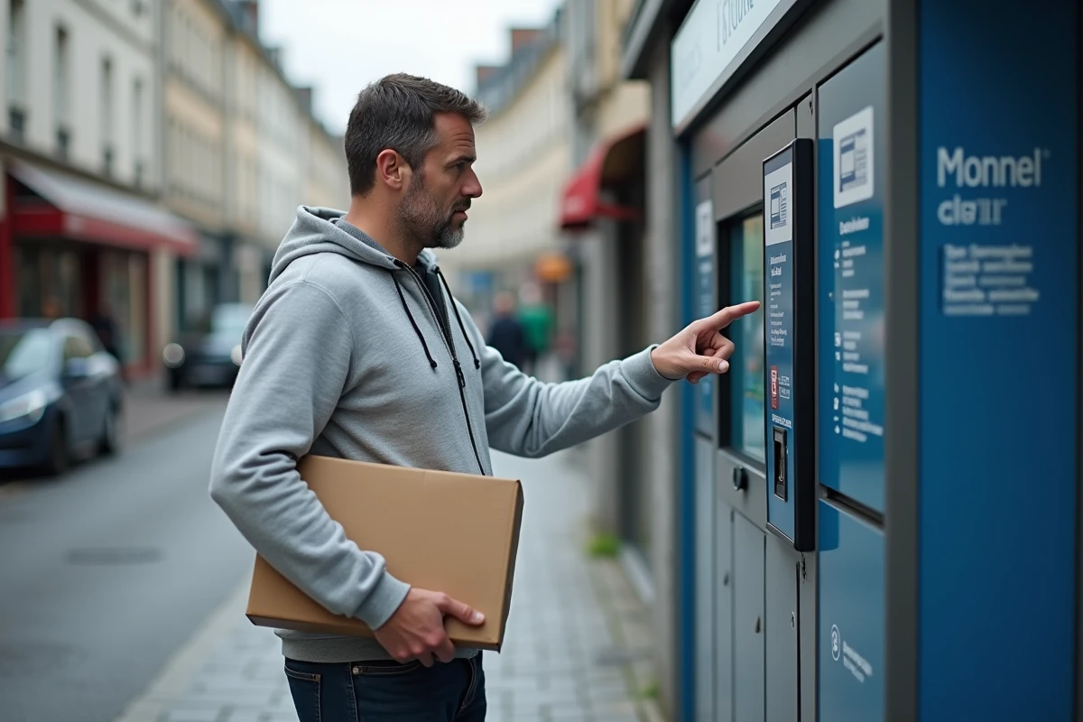Homme utilisant un terminal de point relais Mondial Relay en extérieur pour gérer sa livraison de colis