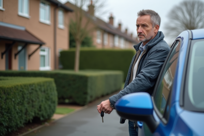 Homme vérifiant la poignée de sa voiture bleue dans un parking résidentiel