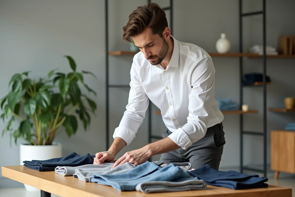 Homme disposant des vêtements sur une table moderne et lumineuse