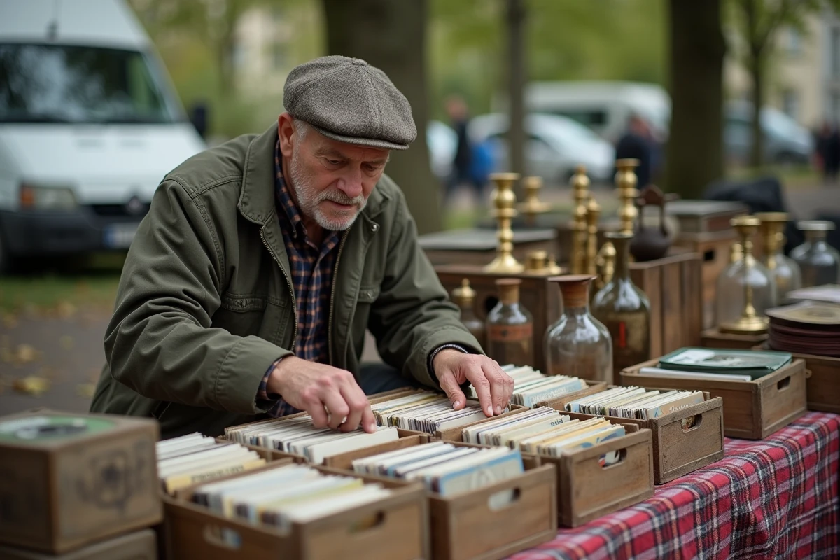 Homme fouillant des vinyles anciens dans une brocante des Yvelines le week-end