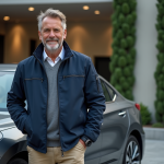 Homme élégant près d'une voiture hybride moderne en ville