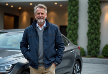 Homme élégant près d'une voiture hybride moderne en ville