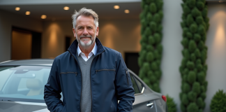 Homme élégant près d'une voiture hybride moderne en ville