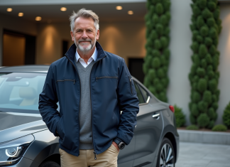 Homme élégant près d'une voiture hybride moderne en ville
