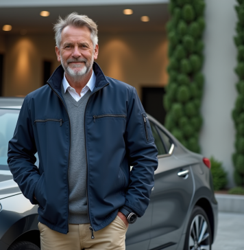 Homme élégant près d'une voiture hybride moderne en ville