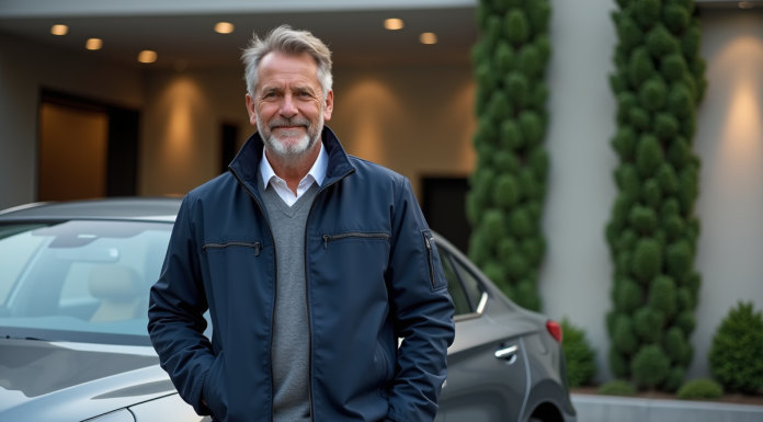 Homme élégant près d'une voiture hybride moderne en ville