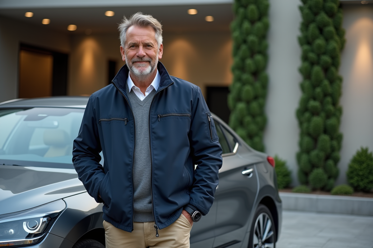 Homme élégant près d'une voiture hybride moderne en ville