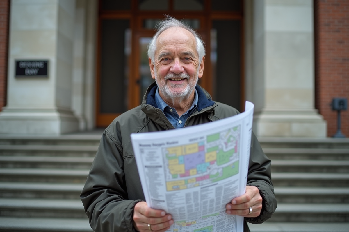 Homme âgé avec carte de zonage devant un bâtiment municipal