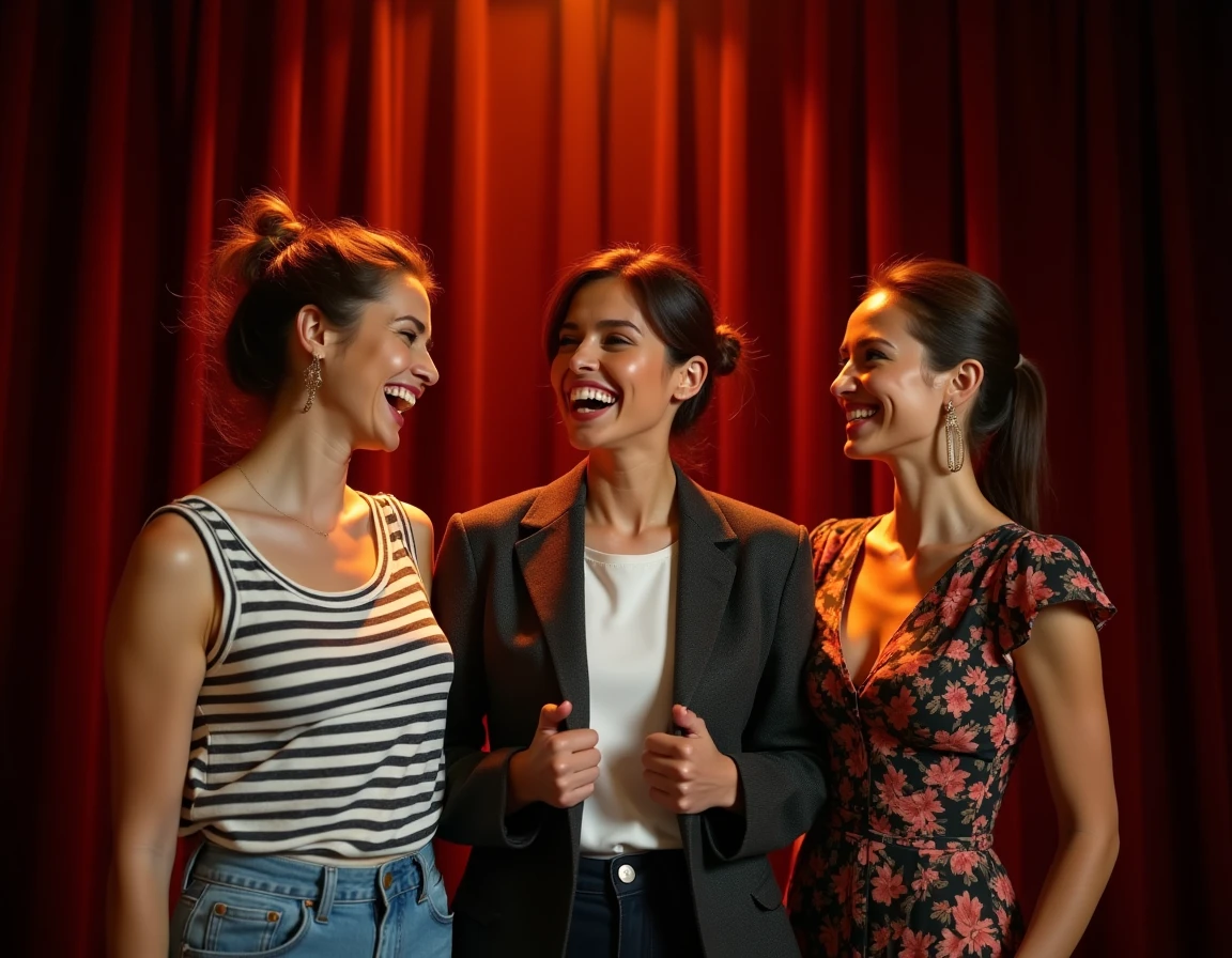 Trois humoristes françaises sur scène partageant un moment de fou rire complice lors d'un spectacle en trio