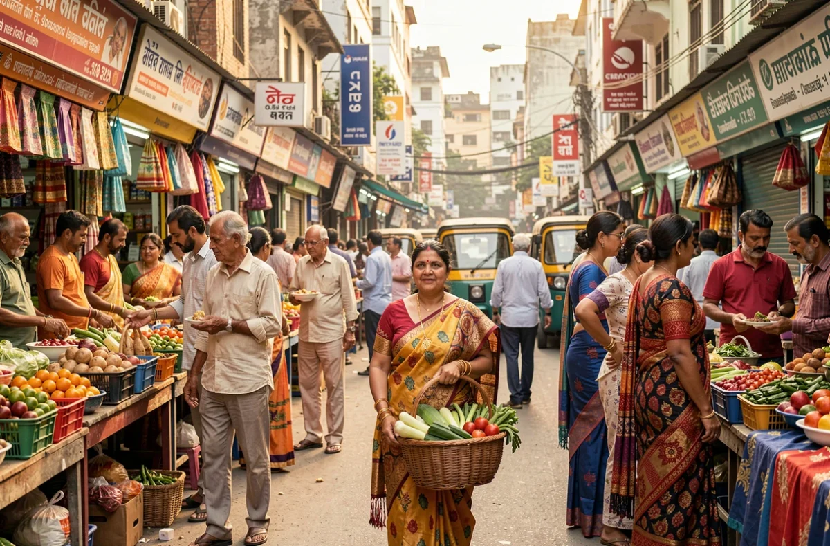 Marché animé en Inde avec une femme en sari et une foule dense symbolisant le premier pays du monde par la population