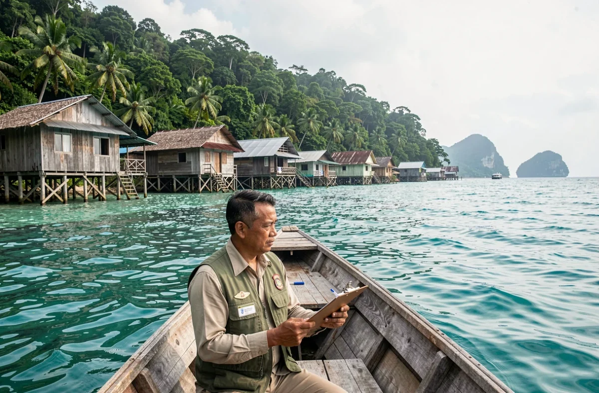 Agent de recensement en bateau entre des îles indonésiennes illustrant la difficulté de recenser un archipel dispersé