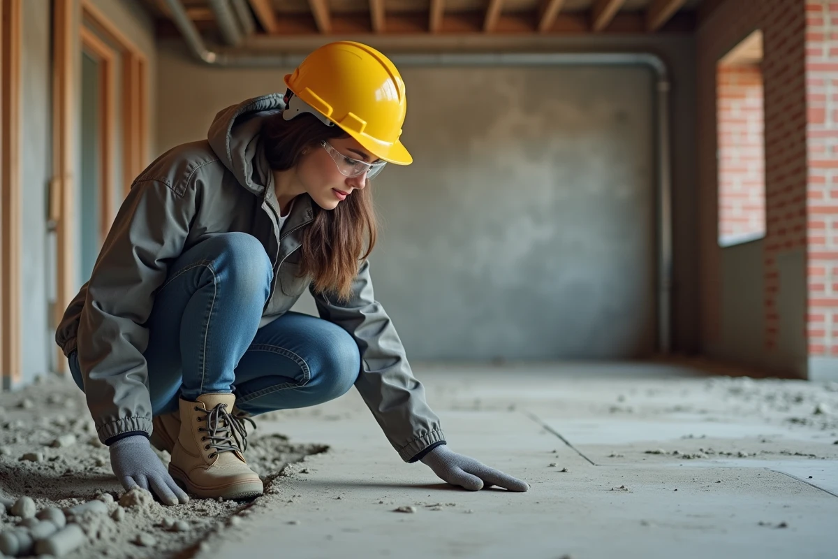 Femme cheffe de projet inspectant une dalle de béton fraîchement coulée dans une maison en cours de construction
