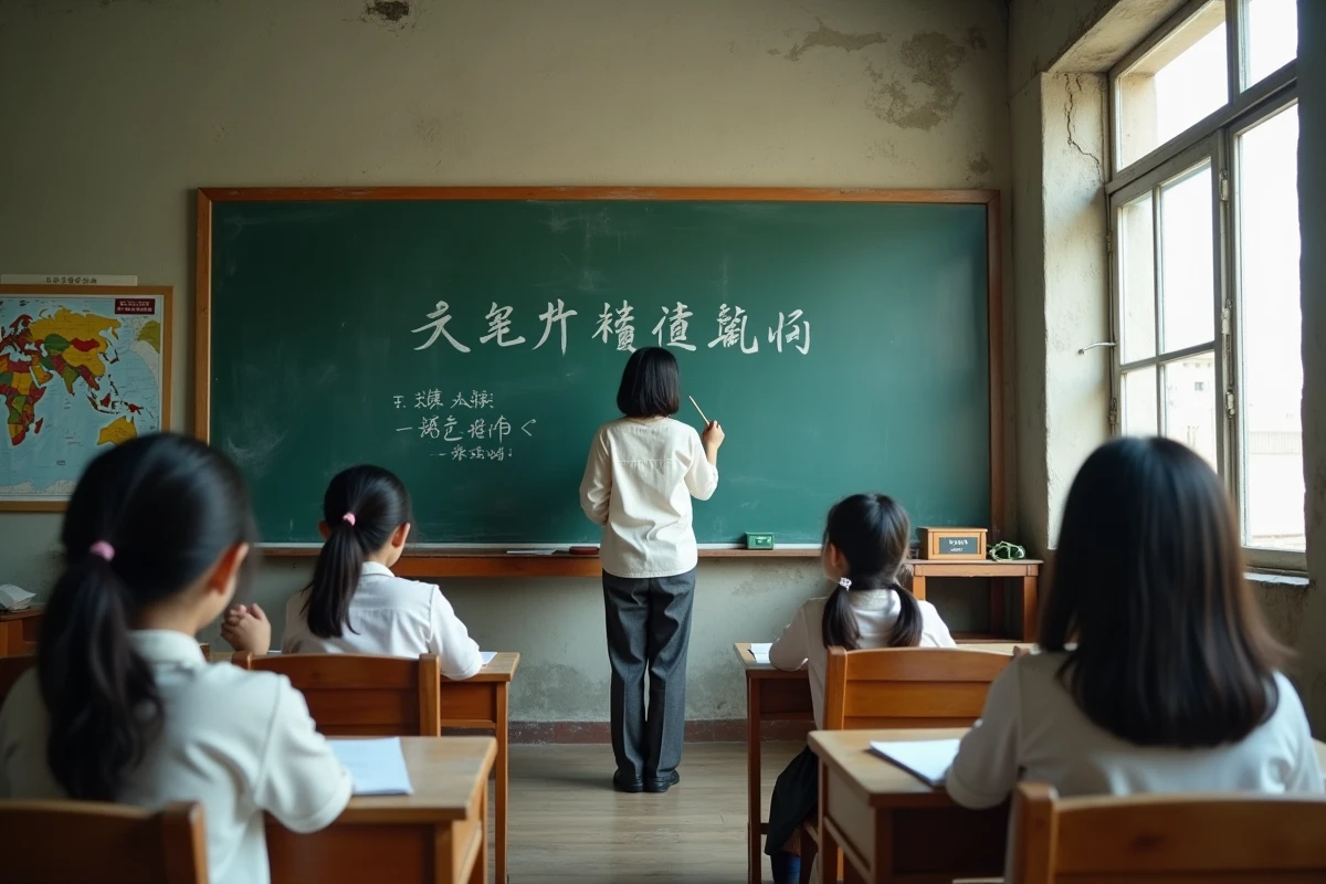 Institutrice chinoise écrivant un proverbe de sagesse au tableau devant des élèves attentifs dans une salle de classe traditionnelle