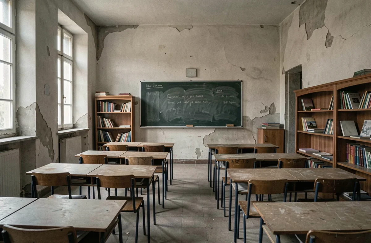 Salle de classe vide dans un village sicilien symbolisant le déclin démographique de l'Italie en tant que laboratoire européen