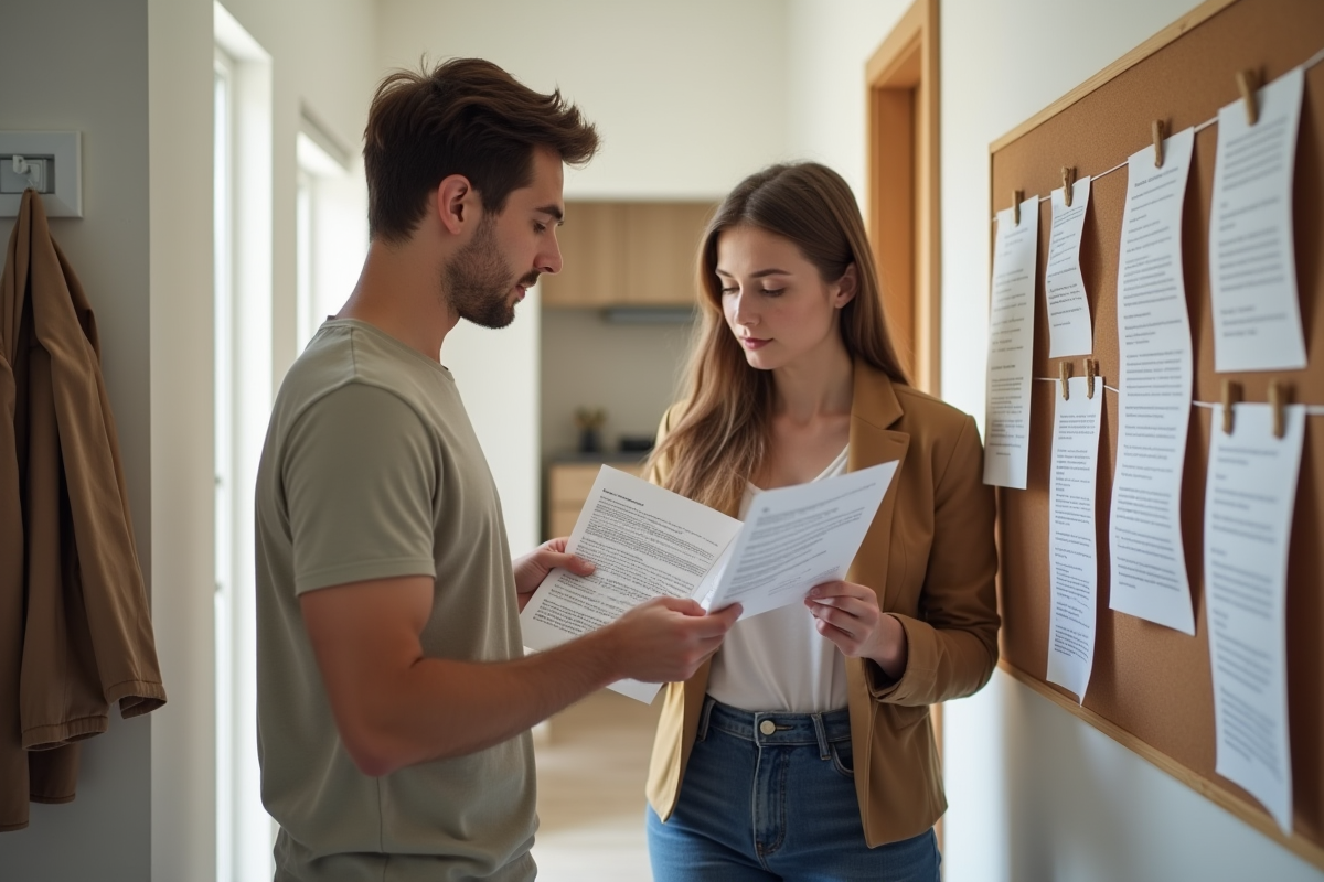 Jeune couple lisant un contrat dans un couloir organisé