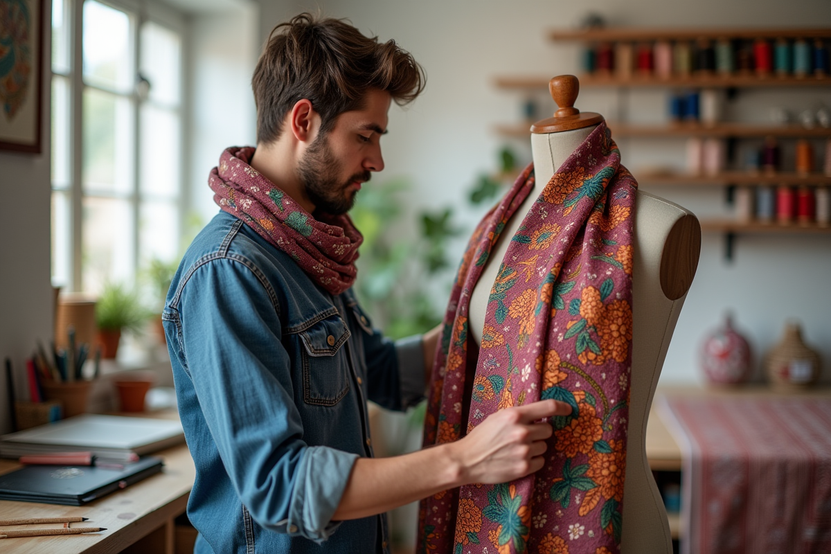 Jeune homme inspectant un tissu coloré dans son studio