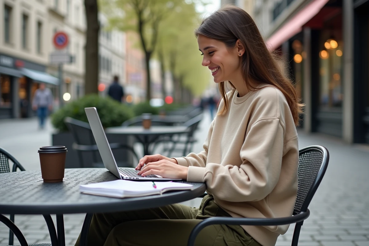Jeune femme souriante utilisant un ordinateur en extérieur