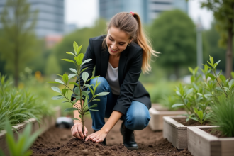 Jeune femme plantant un jeune arbre dans un jardin urbain