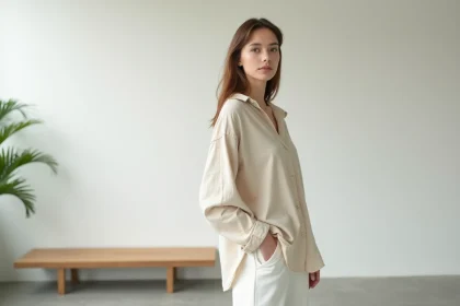 Jeune femme en tenue beige dans un salon moderne