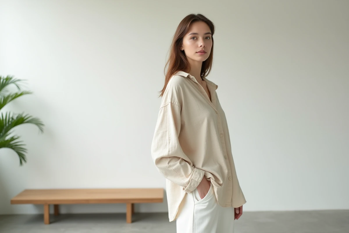 Jeune femme en tenue beige dans un salon moderne