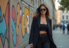 Influence de la mode sur le monde : revue des tendances actuelles Jeune femme en blazer streetwear devant un mur graffiti