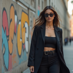 Influence de la mode sur le monde : revue des tendances actuelles Jeune femme en blazer streetwear devant un mur graffiti