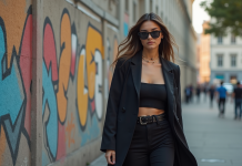 Influence de la mode sur le monde : revue des tendances actuelles Jeune femme en blazer streetwear devant un mur graffiti