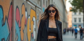 Influence de la mode sur le monde : revue des tendances actuelles Jeune femme en blazer streetwear devant un mur graffiti