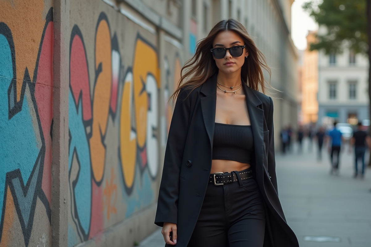 Jeune femme en blazer streetwear devant un mur graffiti
