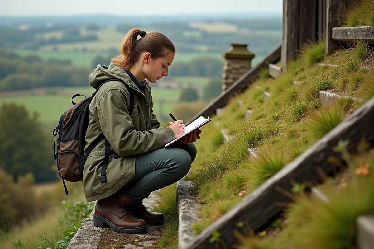 Jeune femme inspectant un toit végétal rural