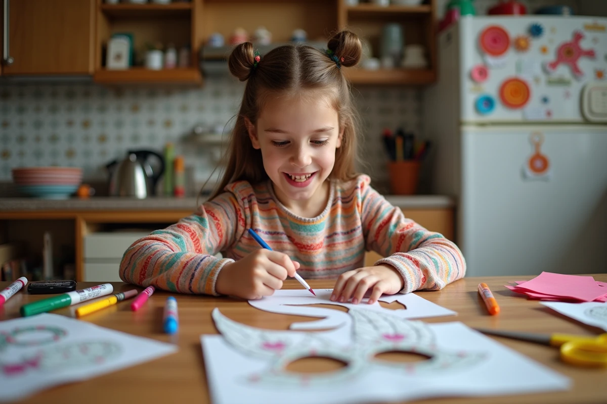 Jeune fille concentrée créant un masque de carnaval à la maison