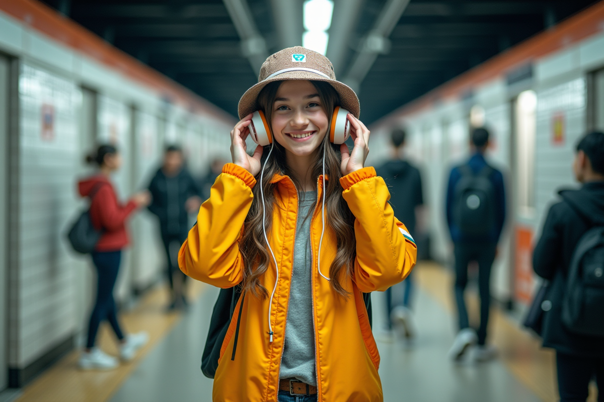 Jeune fille en veste colorée dans une station de métro