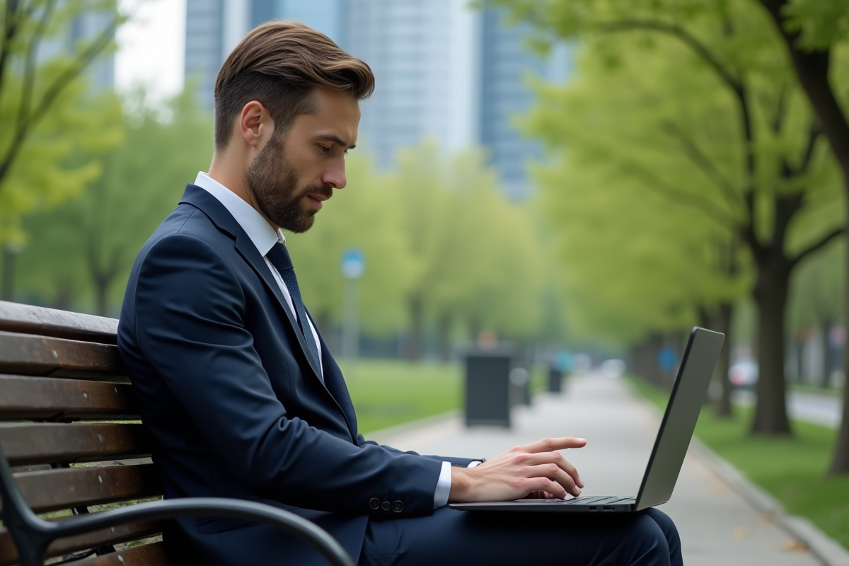 Jeune homme en costume dans un parc avec ordinateur portable