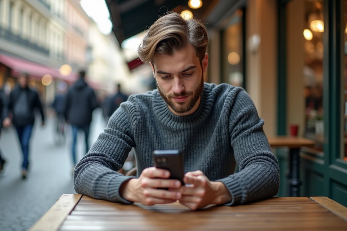 Jeune homme au café vérifiant son téléphone avec un appel manqué