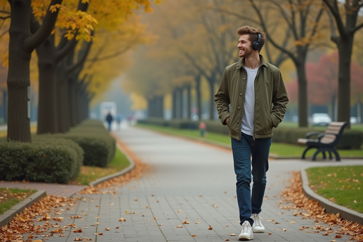 Jeune homme marche dans un parc avec écouteurs et sourire détendu