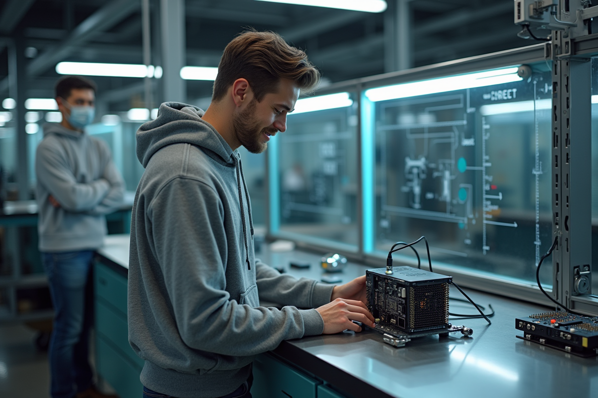 Jeune homme ajustant un ordinateur quantique dans un laboratoire technologique