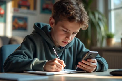 Adolescent concentré avec smartphone et notes dans sa chambre