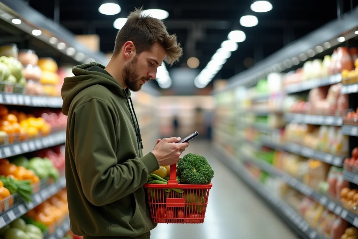 Jeune homme dans un supermarché examine son smartphone