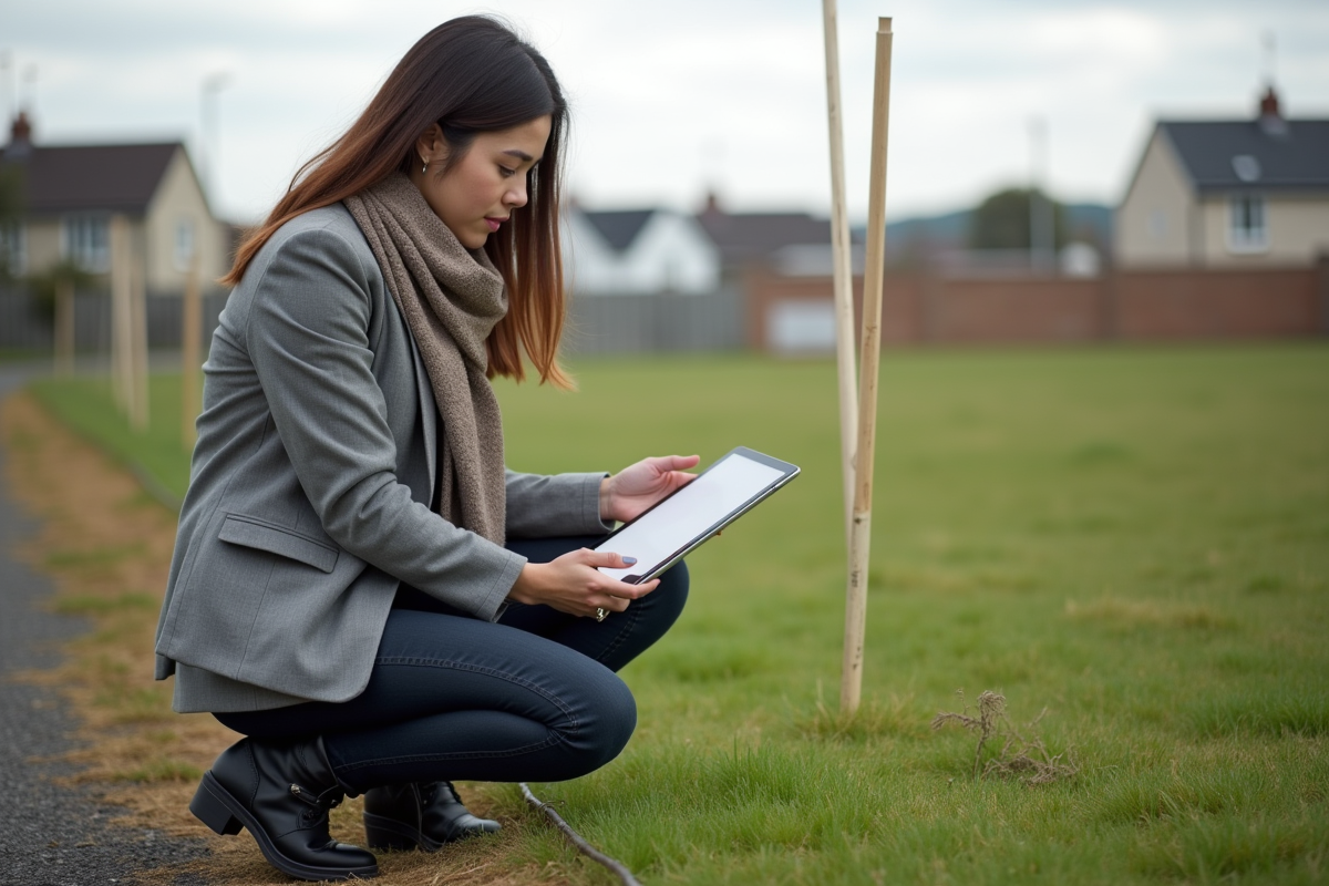 Jeune femme en extérieur marquant des limites sur un terrain