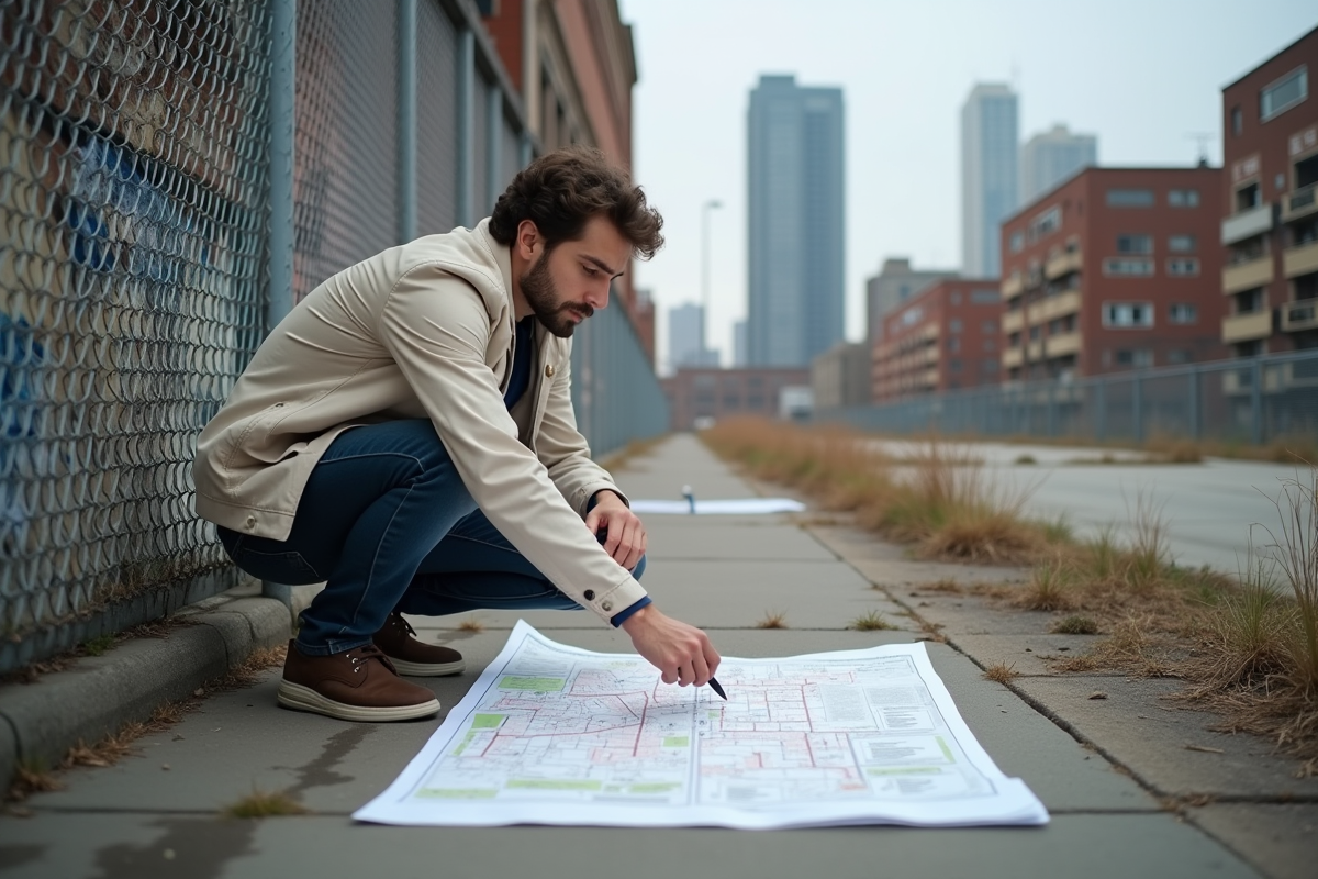 Jeune urbaniste trace des lignes sur une carte urbaine